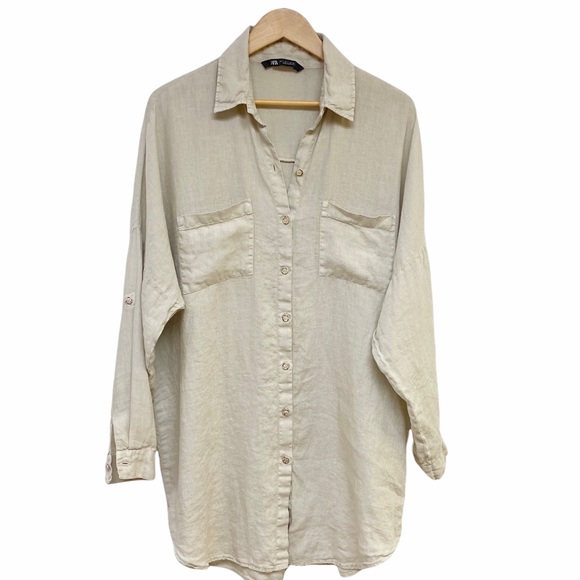 Zara Dresses & Skirts - Zara Linen Shirt Dress Tunic, Sand Beige, Size L